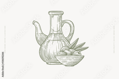 Hand-drawn bottle with organic oil and olives in a bowl on a light isolated background. Can be used for cafe menu design, restaurant and store packaging. Vintage illustration in engraving style.