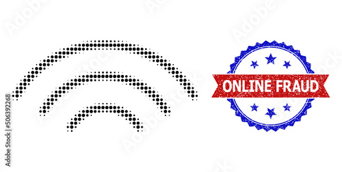 Halftone radio transmission icon, and bicolor dirty Online Fraud watermark. Halftone radio transmission icon is made with small spheric pixels. Vector watermark with grunge bicolored style,