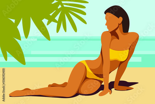 vector illustration on the theme of summer holidays. beautiful tanned girl in a yellow bikini sunbathes on the beach in the shade of palm tree. useful for summer vacations, resorts, hotels, beaches.