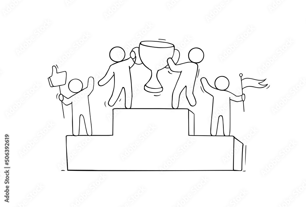 Sketch of little people stands on pedestal.