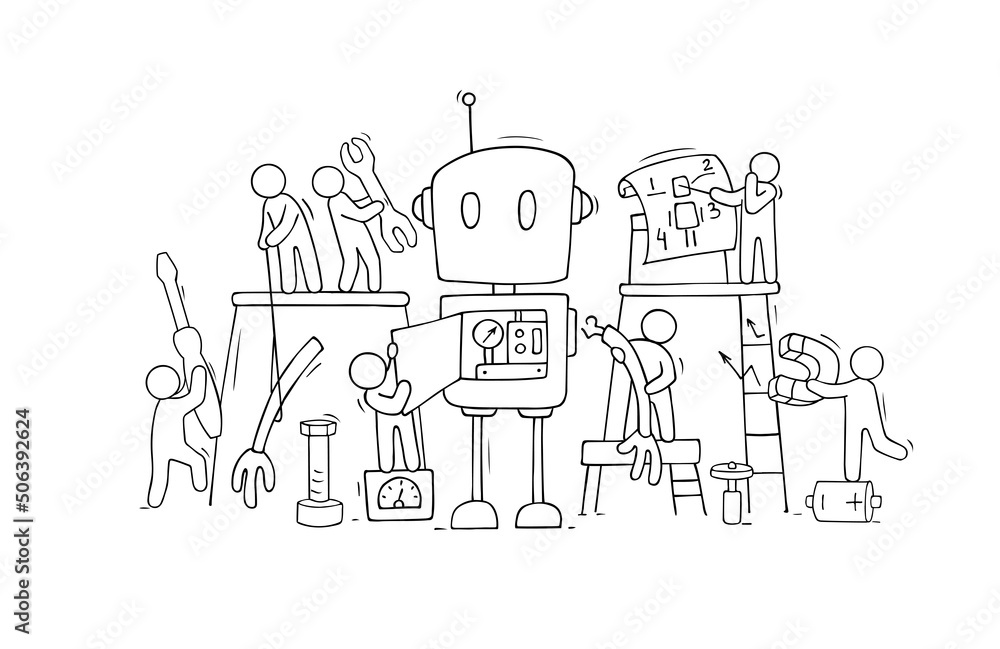 people and assembled cute robot construction. people and assembled cute robot construction.