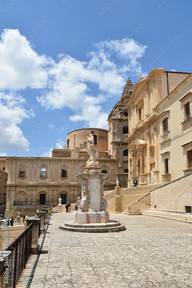 A statue in a small square of Noto in Sicily, a city declared a World Heritage Site by UNESCO.