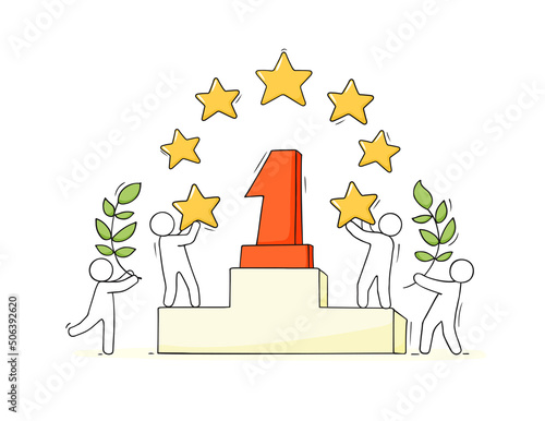 Sketch of little people stands on pedestal.
