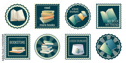 Collection stamps with illustration of books. Bookstore, bookshop, library, book lover, education concept. Vector illustration perfect for design of bookstore or library, decoration of book, label.