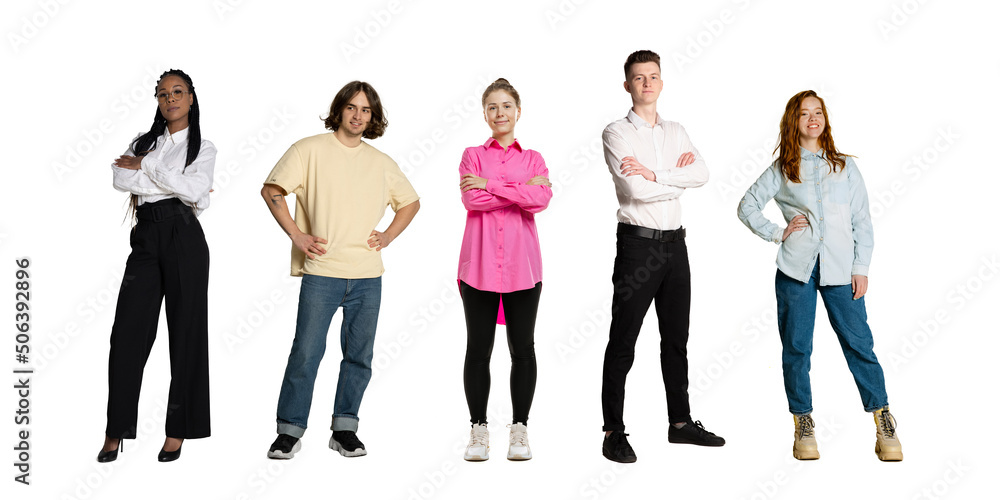 Obraz premium Youth. Set of different, multi ethnic people, men and women standing isolated over white background, Horizontal flyer, banner. Models in casual and business style clothes
