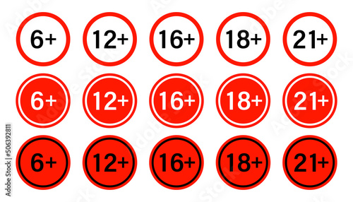 Age restriction icon set. Age limit icon. Adults content sign
