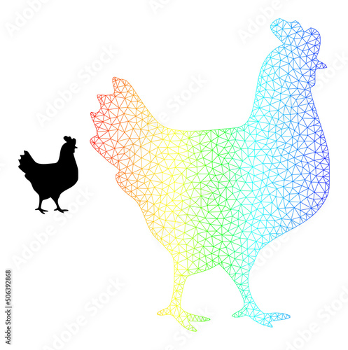 Spectral colored mesh walking chicken. Vector model is created from walking chicken icon. Colored frame polygonal icon.