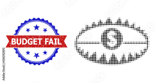 Halftone bank trap icon, and bicolor scratched Budget Fail seal stamp. Halftone bank trap icon is generated with small round items. Vector watermark with scratched bicolored style,