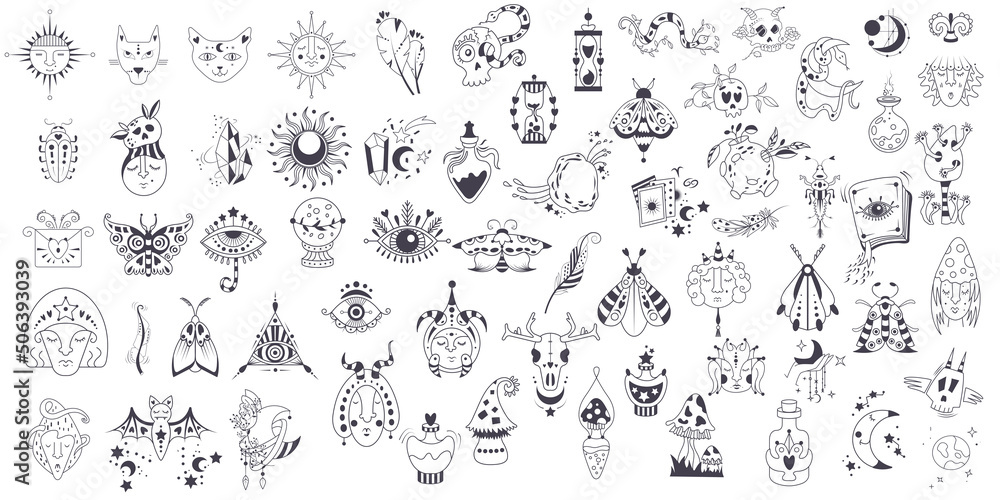 Mystic vector items, moon, hands, crystals, planets. Doodle astrology style. Doodle esoteric, boho mystical hand drawn elements. Magic and witchcraft, witch esoteric alchemy. Set sketches vector icons
