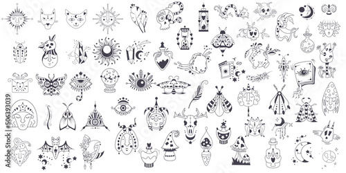Mystic vector items  moon  hands  crystals  planets. Doodle astrology style. Doodle esoteric  boho mystical hand drawn elements. Magic and witchcraft  witch esoteric alchemy. Set sketches vector icons