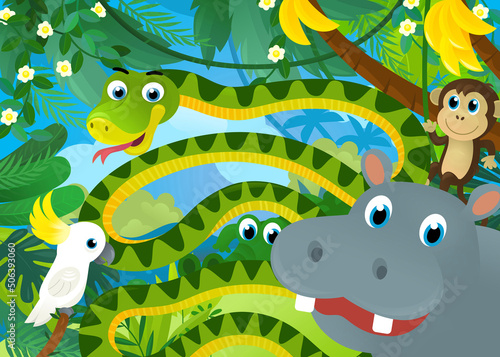 Fototapeta Naklejka Na Ścianę i Meble -  cartoon scene with jungle animals being together illustration