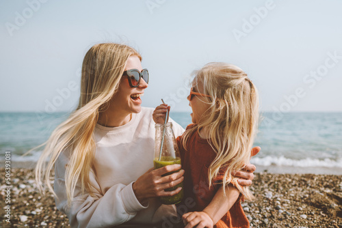 Stampa su tela Family mother and daughter cheerful laughing travel outdoor summer vacations mom