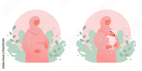 Muslim mother wearing hijab pregnant and holding baby in her arms on floral background. Motherhood concept flat vector illustration. 