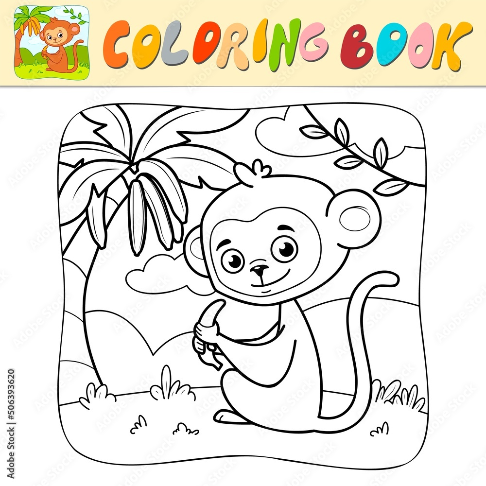Fototapeta premium Coloring book or Coloring page for kids. Monkey black and white vector. Nature background