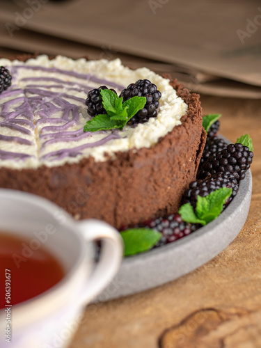 cake dessert blackberry cheesecake 
with mint