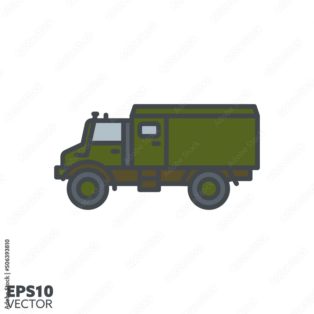 Four-wheel drive military truck vector filled line icon