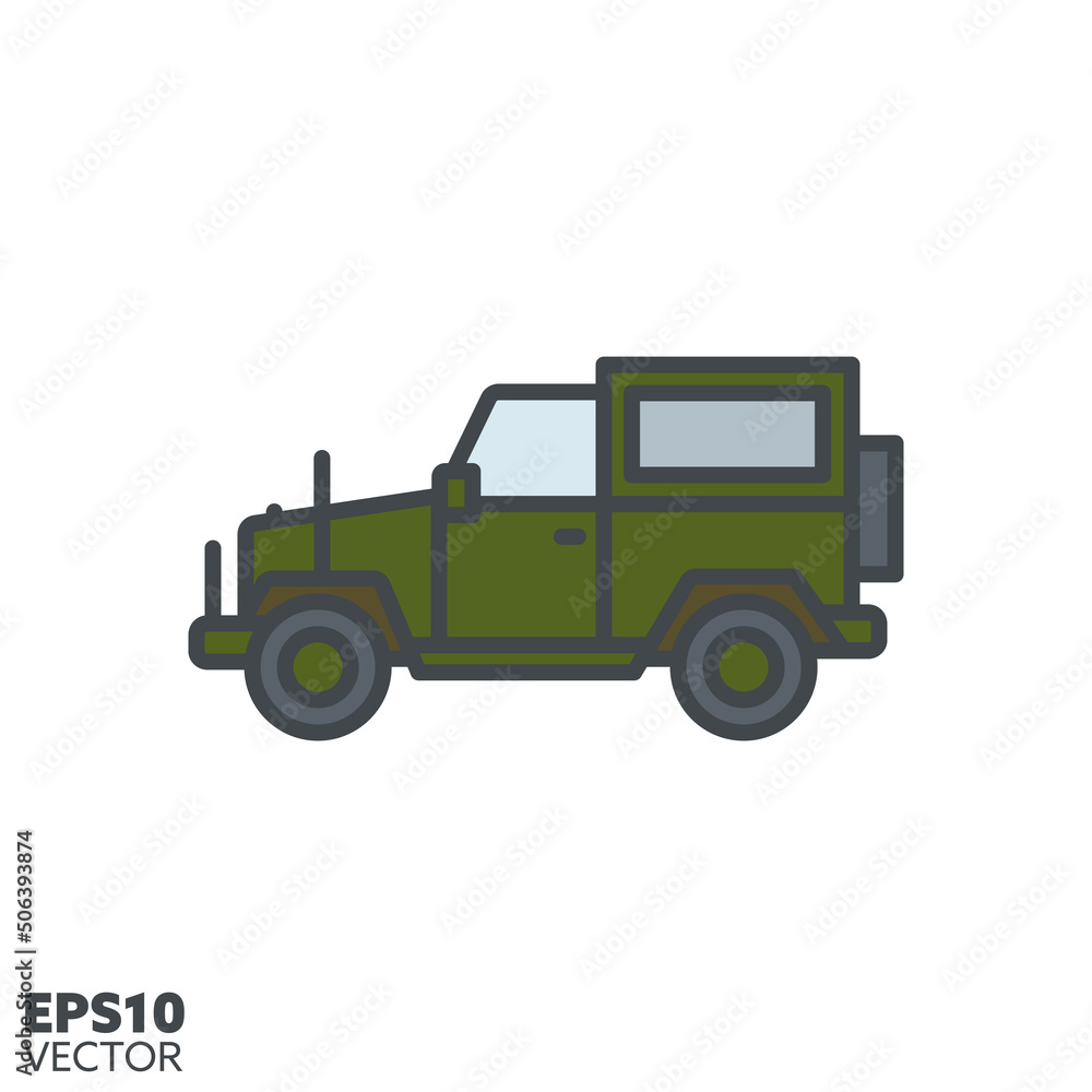 Military offroad vehicle vector filled line icon