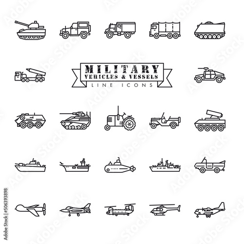 Military vehicles, vessels and aircrafts vector line icon set