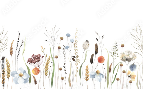 Floral horizontal seamless border with delicate blue flowers, abstract plants and grasses. Watercolor print illustration isolated on white background for nature cover, wallpapers or floral pattern.