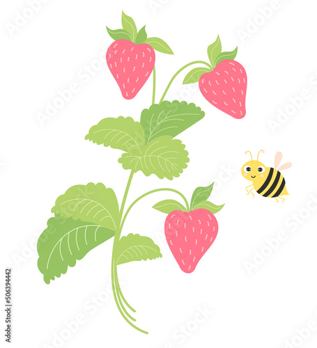 Summer Berry. Branches of strawberries with fruits and cute bee. Vector illustration