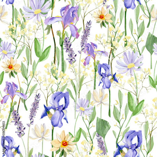 Meadow field seamleass pattern with watercolor floral delicate green leaves and branches, iris, white wildflowers. Botanical print for textile fabric, digital paper, wraping paper, invitation design