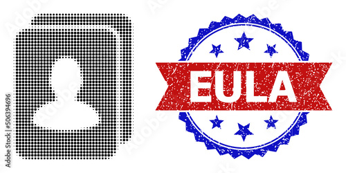 Halftone photo cards icon, and bicolor unclean Eula seal stamp. Halftone photo cards icon is constructed with small spheric elements. Vector seal with grunge bicolored style,