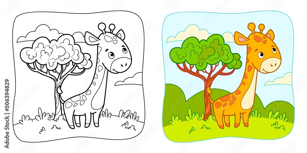 Fototapeta premium Coloring book or Coloring page for kids. Giraffe vector clipart. Nature background.