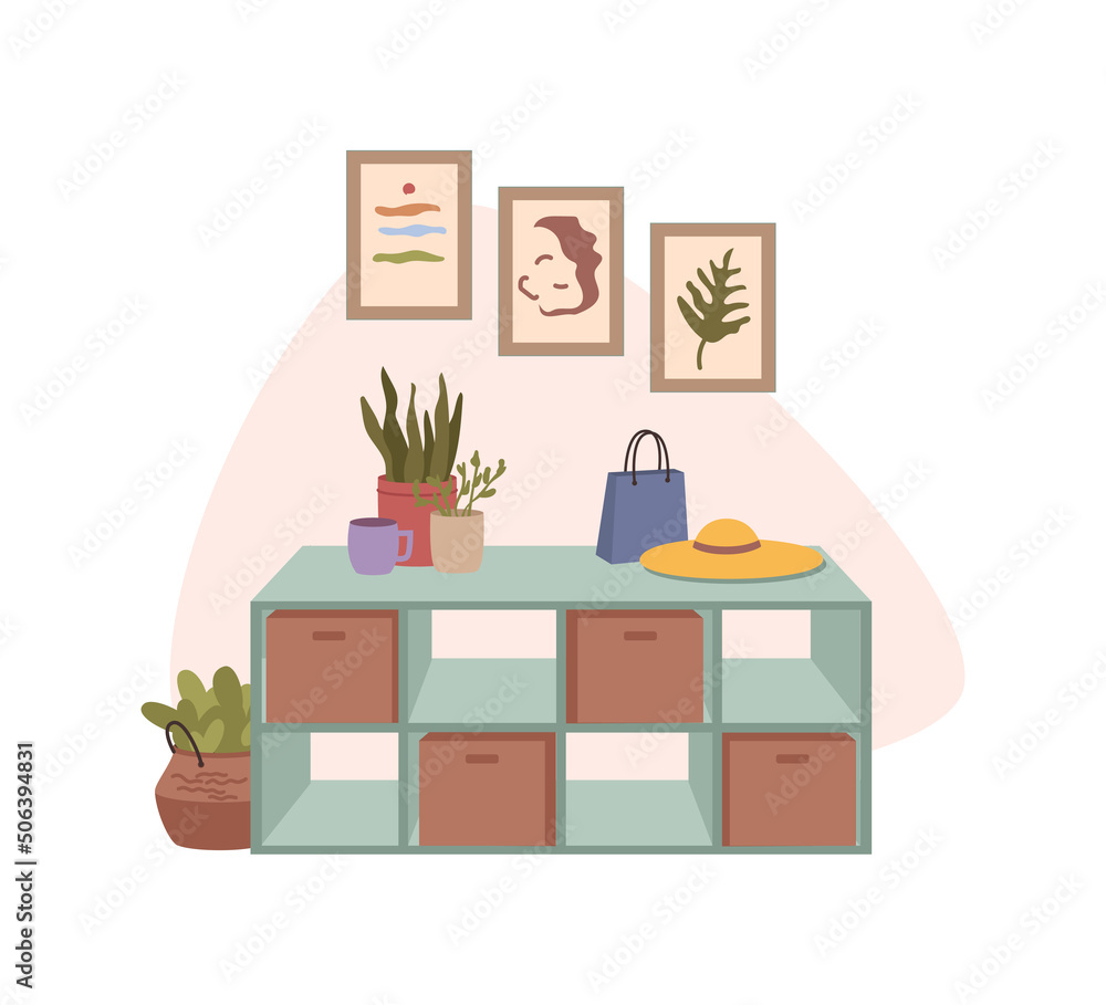 Home hallway interior shoe rack, pictures on wall. Vector cartoon illustration of modern house hall with wooden furniture and plants in pot. Shelf with hat and shopping bag, flat cartoon style