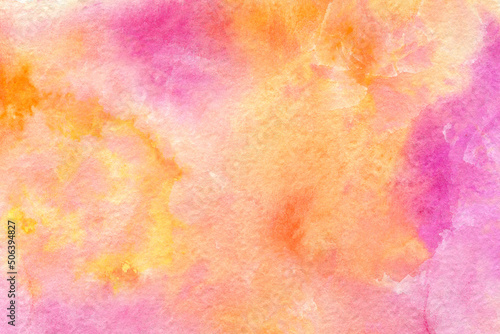 Bright colorful watercolor texture. Abstract hand-drawn background in pink and yellow colors.