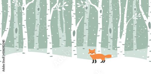 Fox character in the forest cartoon. Winter woods cute children illustration.