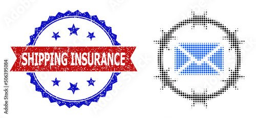 Halftone mail arrest icon, and bicolor scratched Shipping Insurance seal stamp. Halftone mail arrest icon is designed with small round pixels. Vector seal with corroded bicolored style,