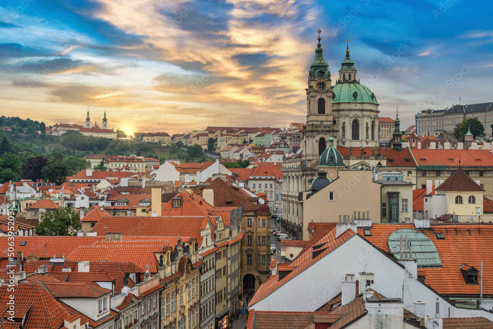 Prague Czech Republic, high angle view sunset city skyline at Prague old town and St. Nicholas Church, Czechia