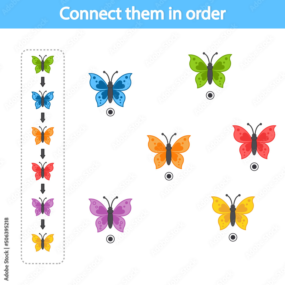 Educational game for preschool children. Connect with a line according to the color pattern. Butterflies. The development of logic and attention. Vector illustration. Sheet for printing Educational game for preschool children. Connect with a line according to the color pattern. Butterflies. The development of logic and attention. Vector illustration. Sheet for printing