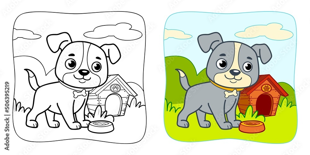 Fototapeta premium Coloring book or Coloring page for kids. Dog vector clipart. Nature background.