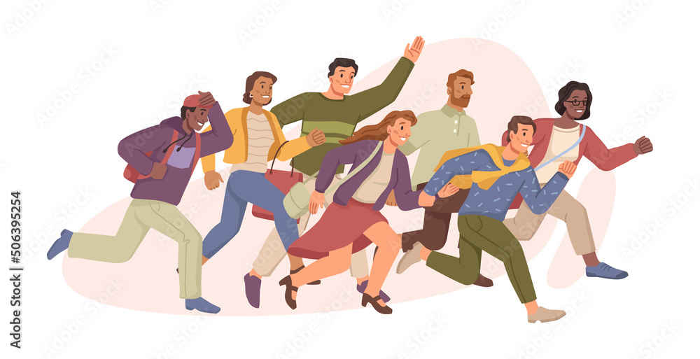 Obraz premium People running for discounts and final sale in supermarket and store. Isolated male and female characters in crowd hurrying for clearance and special offers in mall, vector illustration
