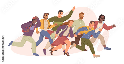 People running for discounts and final sale in supermarket and store. Isolated male and female characters in crowd hurrying for clearance and special offers in mall  vector illustration