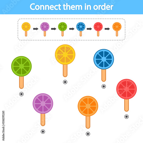 Educational game for preschool children. Connect with a line according to the color pattern. Ice cream. The development of logic and attention. Vector illustration. Sheet for printing