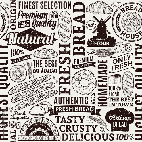 Retro-styled typographic vector bread and bakery seamless pattern or background. Bread and bakery illustrations, vector food icons for baked goods branding and identity