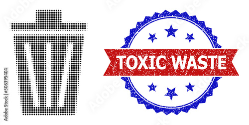 Halftone bucket icon, and bicolor dirty Toxic Waste watermark. Halftone bucket icon is designed with small circle elements. Vector watermark with corroded bicolored style,
