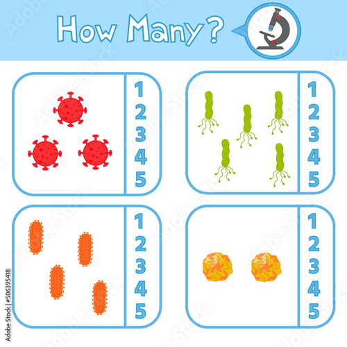 Educational game for preschool children. Learning to count up to 5. Viruses and microbes. The development of logic and attention. Vector illustration. Sheet for printing