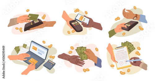 Buying goods and paying with wireless means of payment, transaction and banking. Smartphone and cash, dollar banknotes and coins, investment and business. Vector in flat style illustration