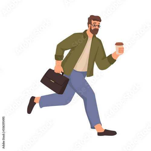 Man carrying coffee cup and briefcase running fast, hurrying up or being late for work or meeting. Businessman deadlines and working process. Flat cartoon character, vector illustration