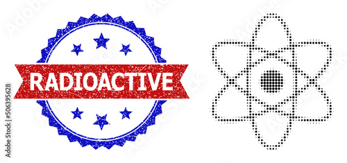 Halftone atom icon, and bicolor dirty Radioactive seal. Halftone atom icon is made with small spheric points. Vector seal with scratched bicolored style,