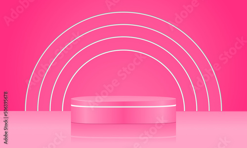 Podium shows the product on the semicircle neon pink background. Product presentation