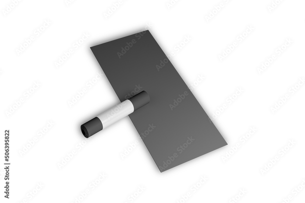 Empty blank black yoga mat mockup isolated on white background. 3d rendering. Empty blank black yoga mat mockup isolated on white background. 3d rendering.