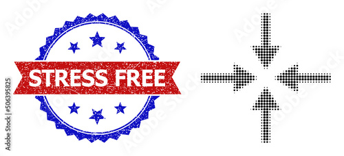 Halftone meeting point icon, and bicolor unclean Stress Free watermark. Halftone meeting point icon is designed with small round points. Vector watermark with distress bicolored style,