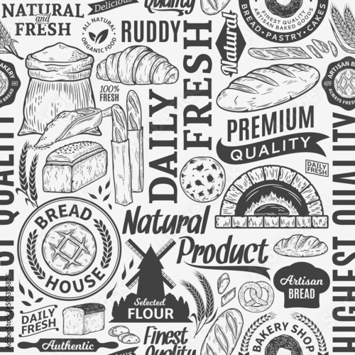 Typographic vector bread and bakery seamless pattern or background. Bread and bakery illustrations, vector food icons for baked goods branding and identity