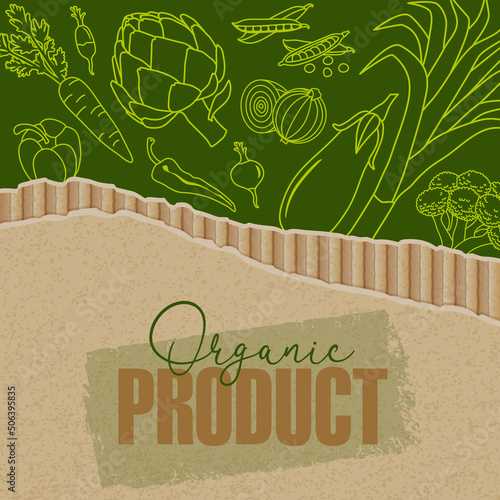 Carte ou flyer pour un commerce ou un producteur d’aliments biologiques, composé de divers légumes aux contours verts acide sur un fond vert foncé, sortant d’un emballage en carton déchiré.