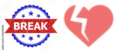 Halftone heart break icon, and bicolor grunge Break seal. Halftone heart break icon is designed with small circle dots. Vector seal with grunge bicolored style,