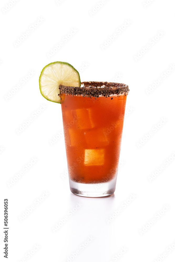 Homemade michelada cocktail with beer, lime juice,hot sauce,salted Rim and tomato juice isolated on white background - obrazy, fototapety, plakaty 